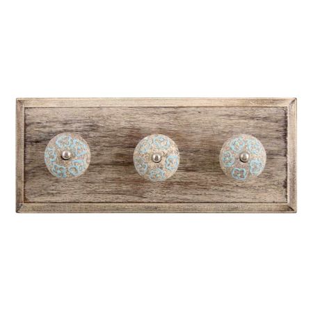 Sky Blue Floral Crackle Ceramic Wooden Hook